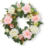 Adeeing Spring Wreaths for Front Door, 15.7″ Artificial Rose Peony Flower Wreath Spring Summer Door Wreath with Silk Flowers and Green Leaves for Wall Window Wedding Party Home Decor (Pink)