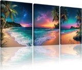 Sunset Ocean Canvas Wall Art Tropical Beach Prints Painting Palm Coconut Tree Natural Landscape 3 Panels Framed Coastal Artwork for Bathroom Living Room Bedroom Decor 16″x24″x3pcs