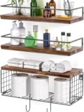 3+3 16.1in Bathroom Shelves Wall Mounted Over Toilet with Toilet Paper Storage Basket & Hooks, Hanging Floating Shelves Bathroom for Wall Room Decor, Bathroom Organizers and Storage Brown