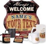 Any Name’s Always Welcome to Your Text Custom Personalized Sign Rustic Chic Sign Coaster Mugs Vintage Retro 11.5″x 11.5″ Shield Metal Plate Store Home man cave Decor Funny Gift Ideas (Black Maroon, Aluminum Sign)
