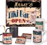 Name’s Tiki Bar Open Custom Personalized Chic Sign coaster Mugs Rustic Vintage Style Retro Kitchen Bar Pub Coffee Shop Decor 9″x 12″ Metal Plate Sign Home Store Man cave Decor Gift Ideas
