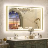 TETOTE Gold LED Bathroom Mirror with Lights 55×36 Front & Back Light Vanity Framed Mirror Baroque Anti Fog Dimmable White/Warm/Natural,CRI90+,Waterproof,Wall Mounted(Horizontal/Vertical)