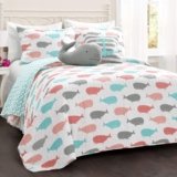 Lush Decor Whale Kids Reversible 4 Piece Quilt Bedding Set with Sham and Decorative Throw Pillows, Twin, Pink & Aqua