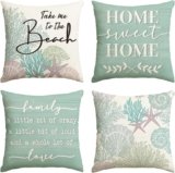 AVOIN colorlife Summer Take Me to The Beach Coral Starfish Throw Pillow Covers, 18 x 18 Inch Green Home Sweet Home Motto Blue Cushion Case for Sofa Couch Set of 4