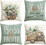 AVOIN colorlife Bless Our Home Farmhouse Eucalyptus Leaves Throw Pillow Covers, 20 x 20 Inch Blue Truck Home Sweet Cushion Case Decorations Set of 4