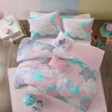 Intelligent Design Kids Cotton Duvet Set Vibrant Fun and Playful Print All Season Comforter Cover Matching Shams, Decorative Pillow, Children Bedding, Bedroom Décor, Full/Queen, Cloud Pink 5 Piece